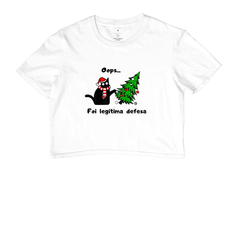 Camiseta Cropped Gato de Natal Foi Legítima Defesa
