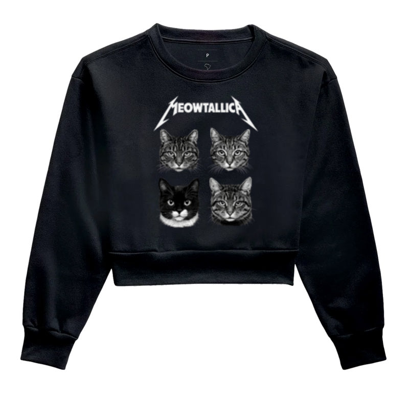 Moletom Cropped Meowtallica Gatos Rock Preto