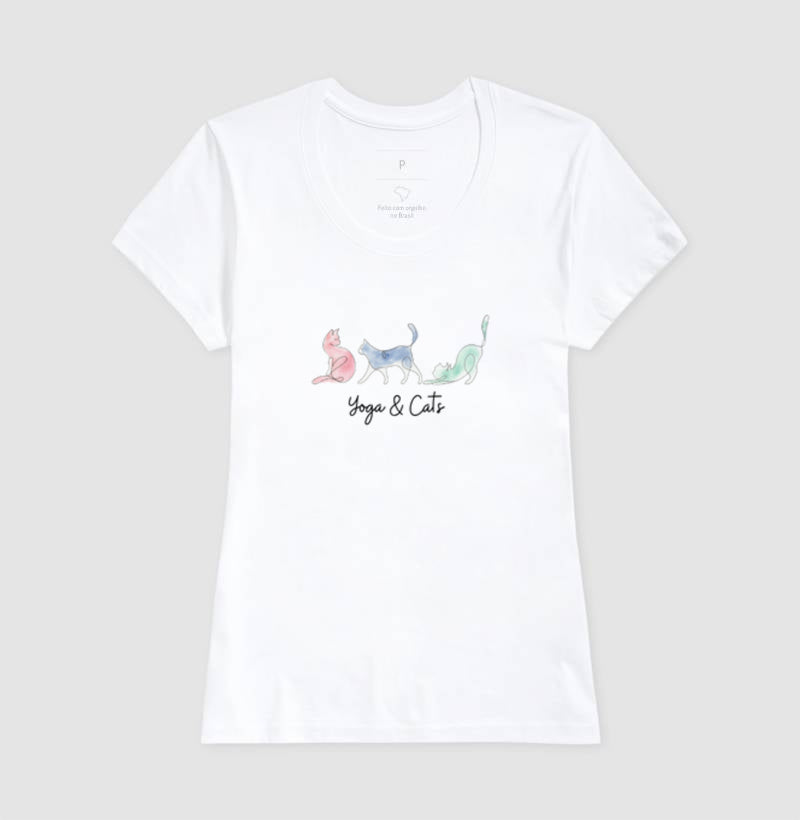 Camiseta Yoga & Cats Feminina 100% Algodão