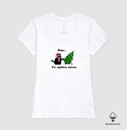 Camiseta Gato de Natal Foi Legítima Defesa em Algodão Peruano