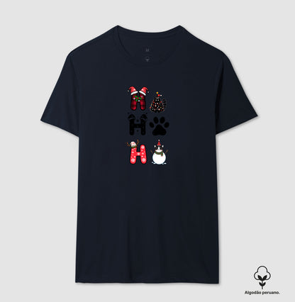 Camiseta Natalina Ho Ho Ho Gato e Patinha – Algodão Peruano