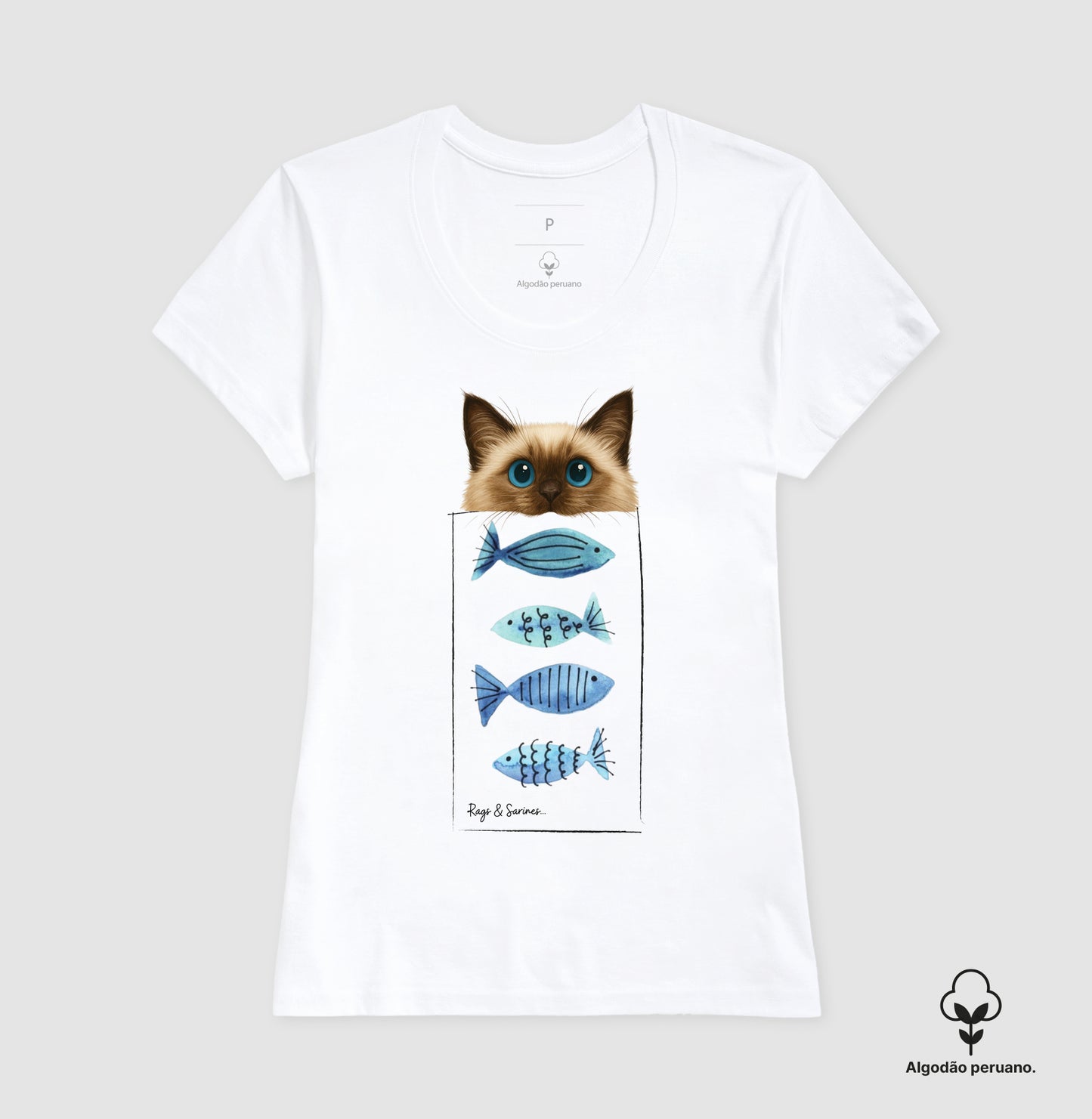 Camiseta Gato Ragdoll & Sardinhas em Algodão Premium