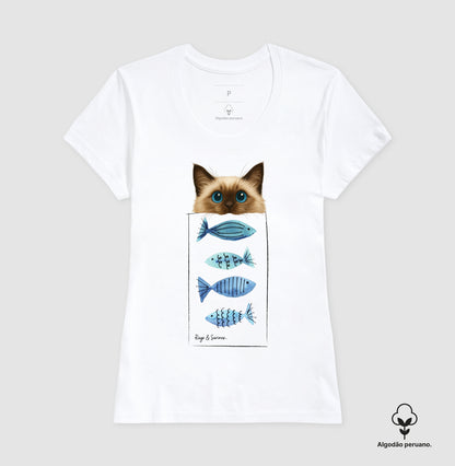 Camiseta Gato Ragdoll & Sardinhas em Algodão Premium