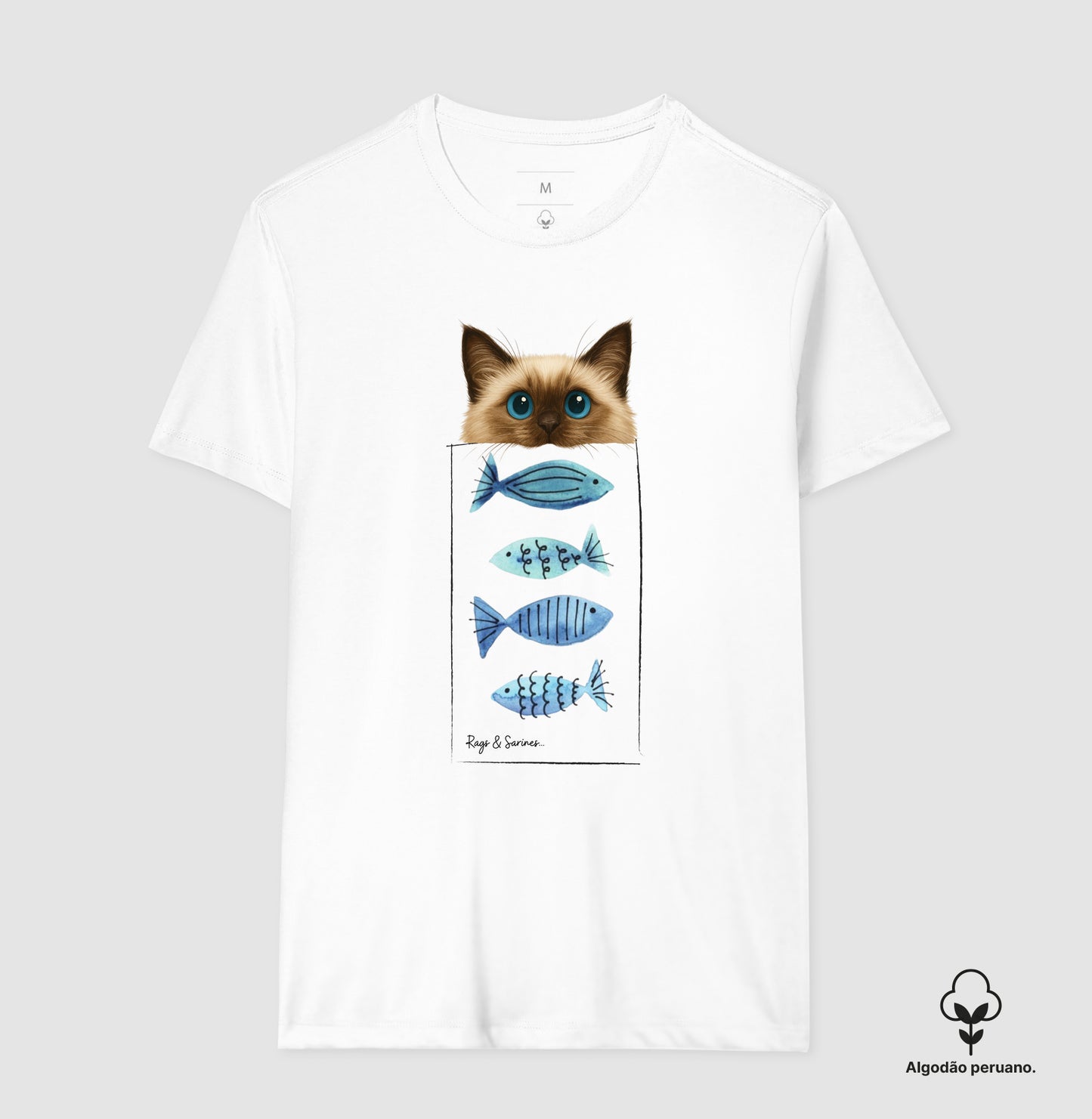 Camiseta Gato Ragdoll & Sardinhas em Algodão Premium