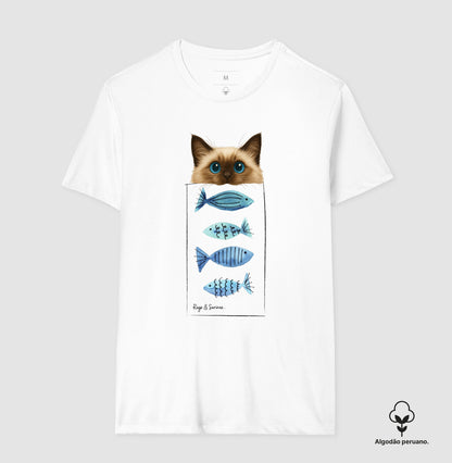 Camiseta Gato Ragdoll & Sardinhas em Algodão Premium