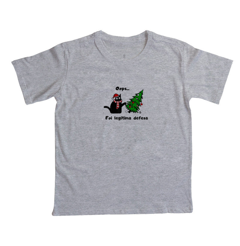 Camiseta Gato de Natal Foi Legítima Defesa em Algodão