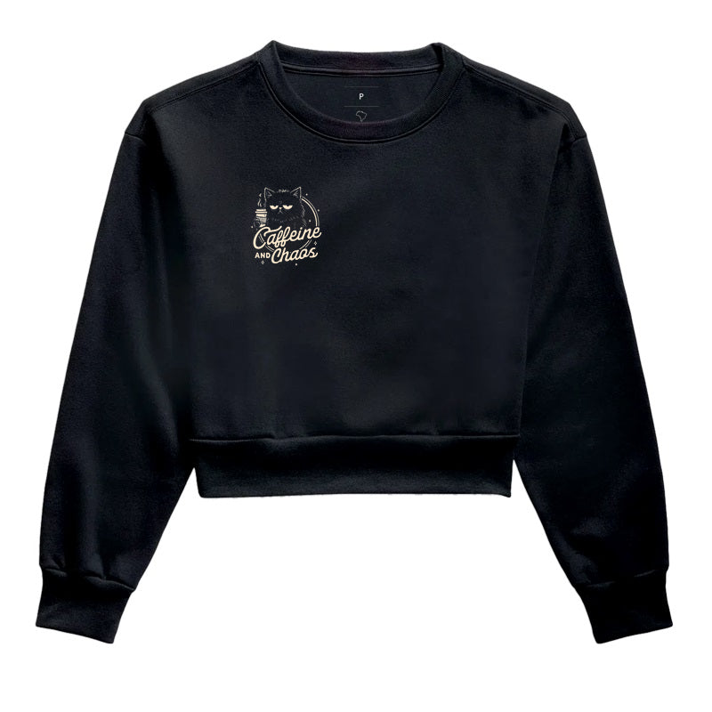 Moletom Cropped Preto Caffeine & Chaos Gato Café