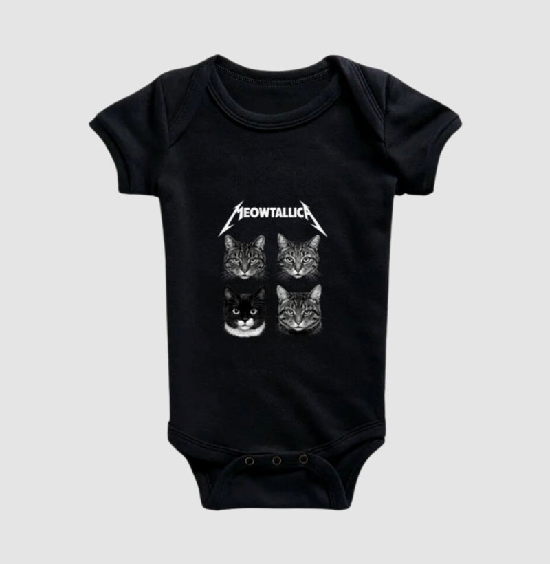 Body Bebê Meowtallica Rock Gatinhos Preto