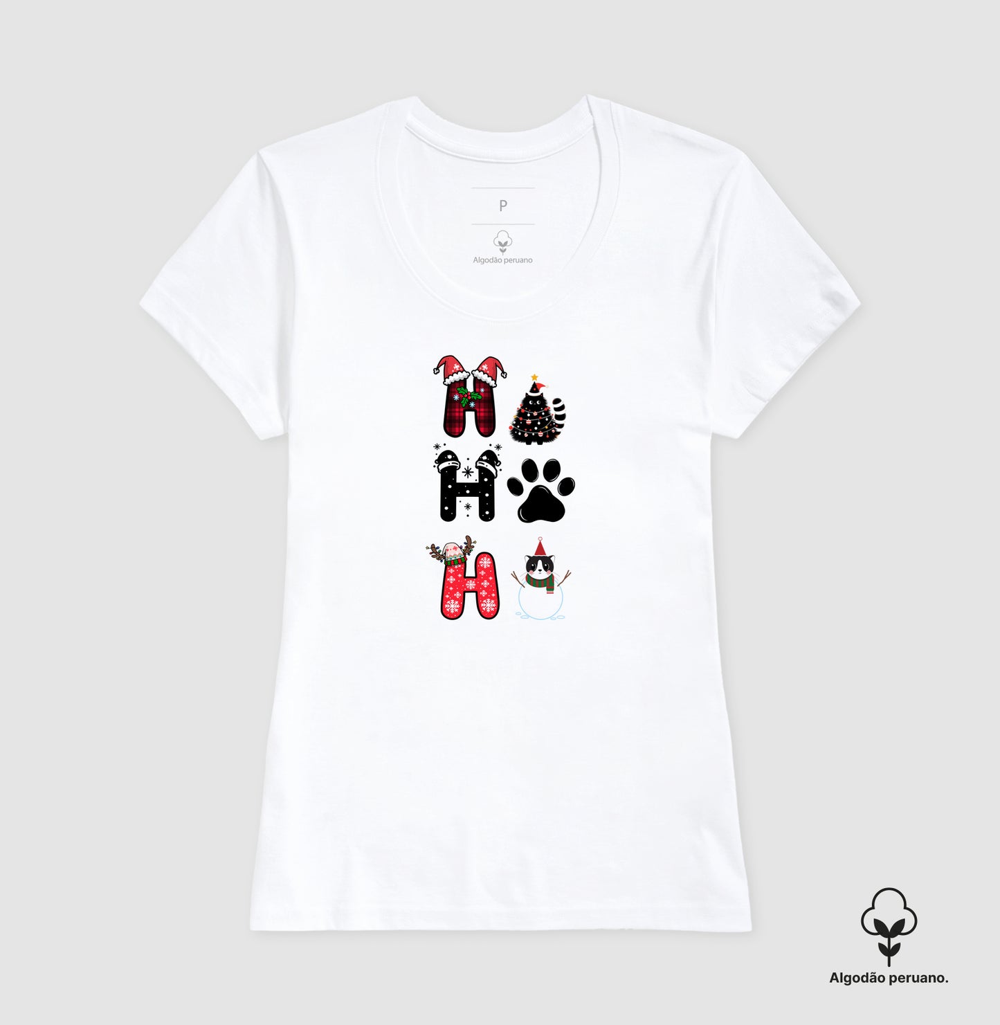 Camiseta Natalina Ho Ho Ho Gato e Patinha – Algodão Peruano