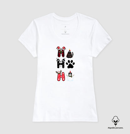 Camiseta Natalina Ho Ho Ho Gato e Patinha – Algodão Peruano