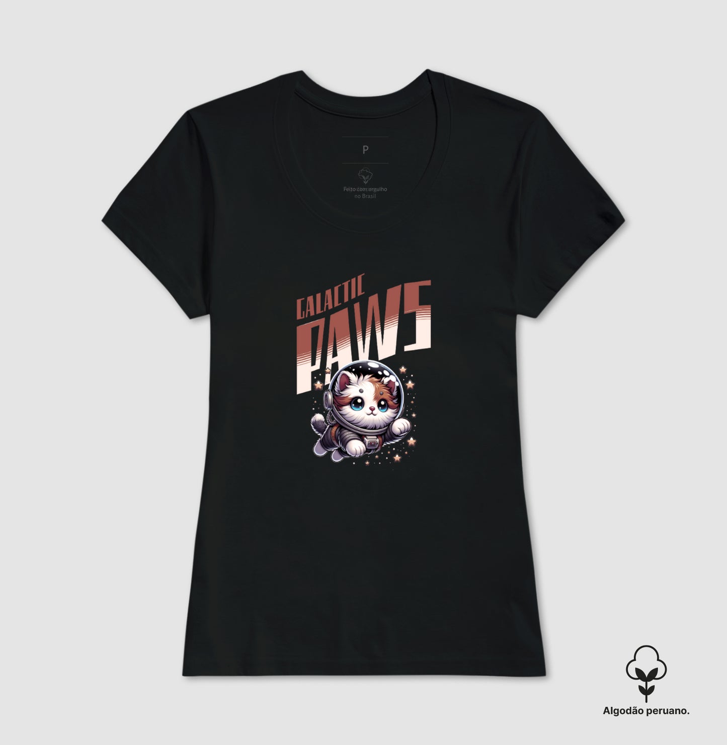 Camiseta Galactic Paws Gato Astronauta em Algodão Peruano
