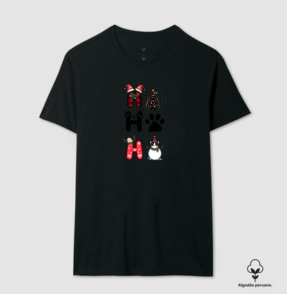 Camiseta Natalina Ho Ho Ho Gato e Patinha – Algodão Peruano