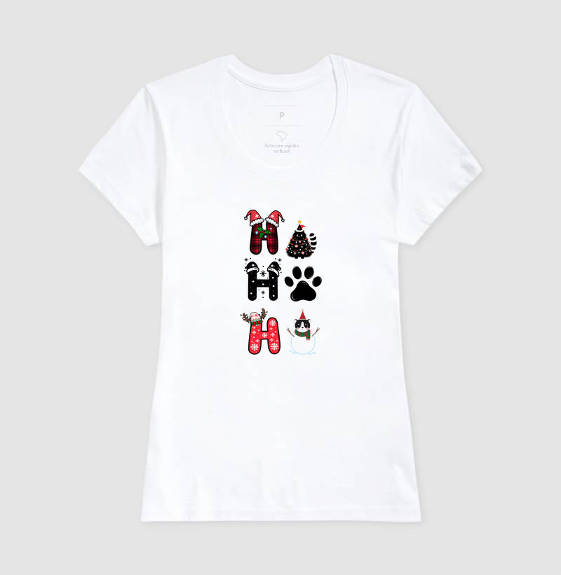 Camiseta Natalina Ho Ho Ho Gato e Patinha – Unissex