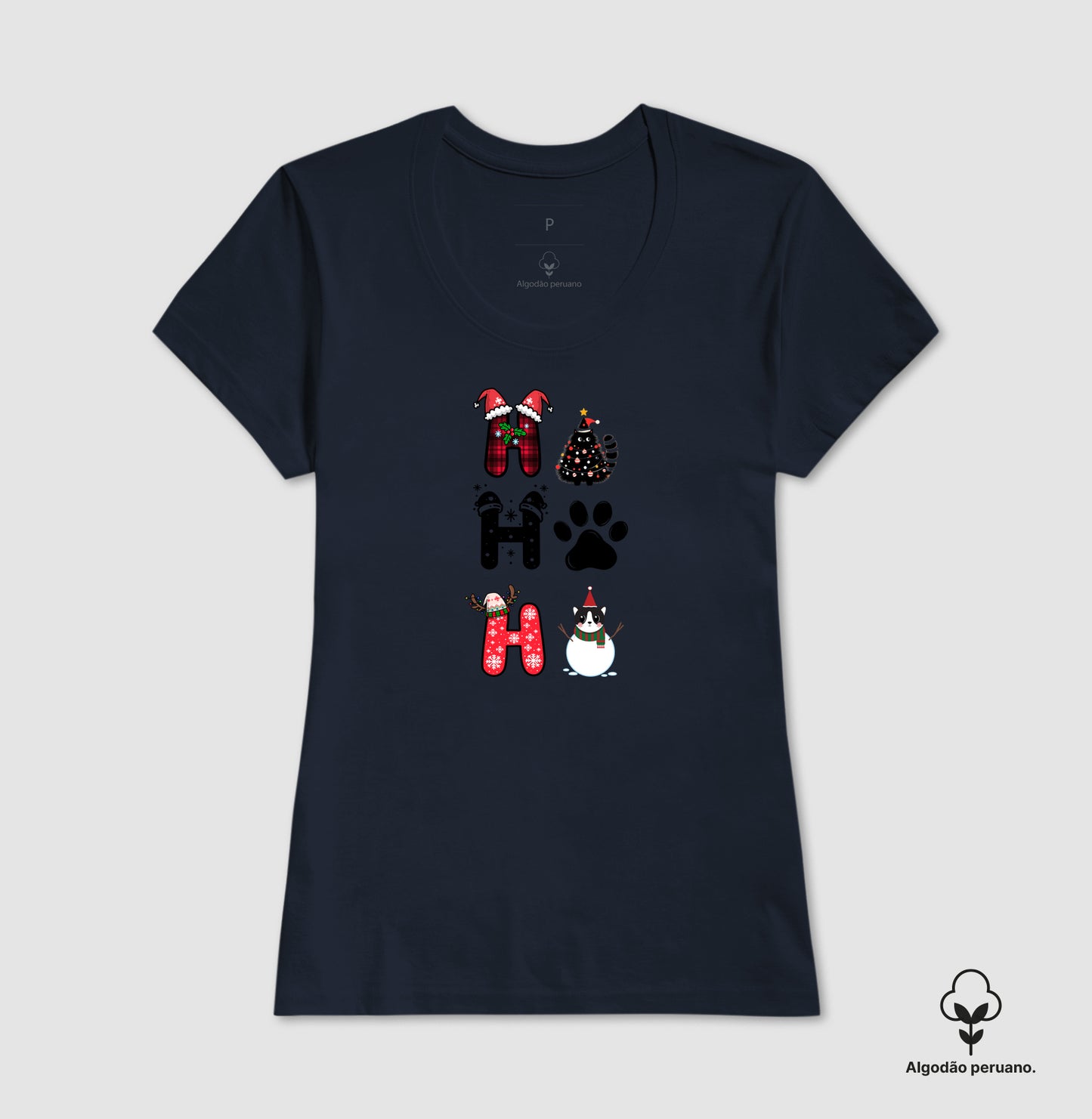 Camiseta Natalina Ho Ho Ho Gato e Patinha – Algodão Peruano