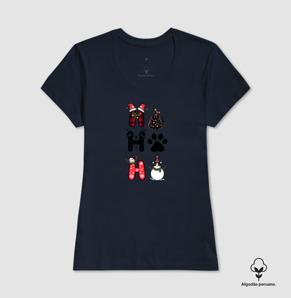 Camiseta Natalina Ho Ho Ho Gato e Patinha – Algodão Peruano